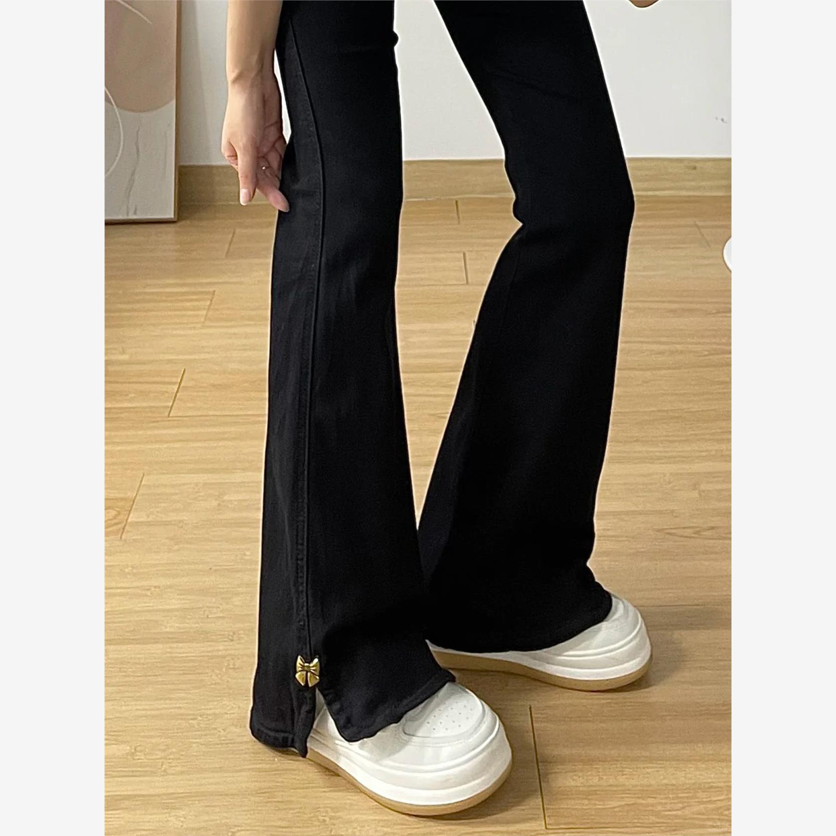 休闲百搭大码开叉微喇牛仔裤女