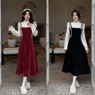 秋冬学院风法式拼接复古假两件连衣裙女长袖气质收腰显瘦A字裙子