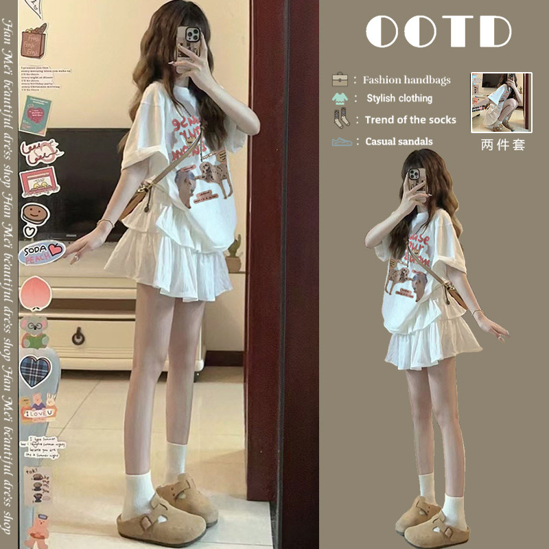 夏季休闲时尚穿搭一整套女2025年新款小个子宽松显瘦上衣短裙套装