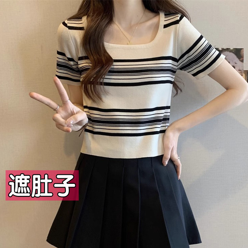 夏季设计感条纹上衣短袖女新款