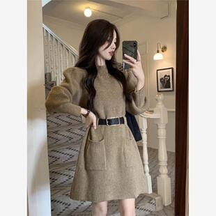 2025新款时尚气质针织连衣裙女秋冬大码设计感收腰显瘦小香风短裙