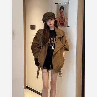 美式复古棕色机车风pu皮衣外套女秋冬季宽松显瘦时尚百搭夹克上衣