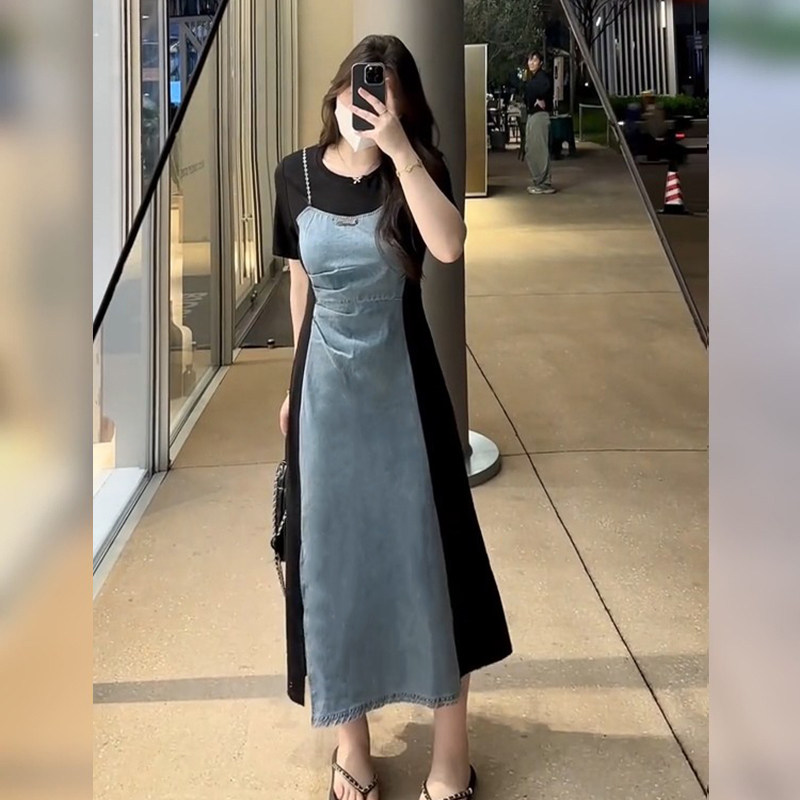 夏季韩系气质显瘦牛仔连衣裙子女新款大码设计感休闲时尚a字裙子