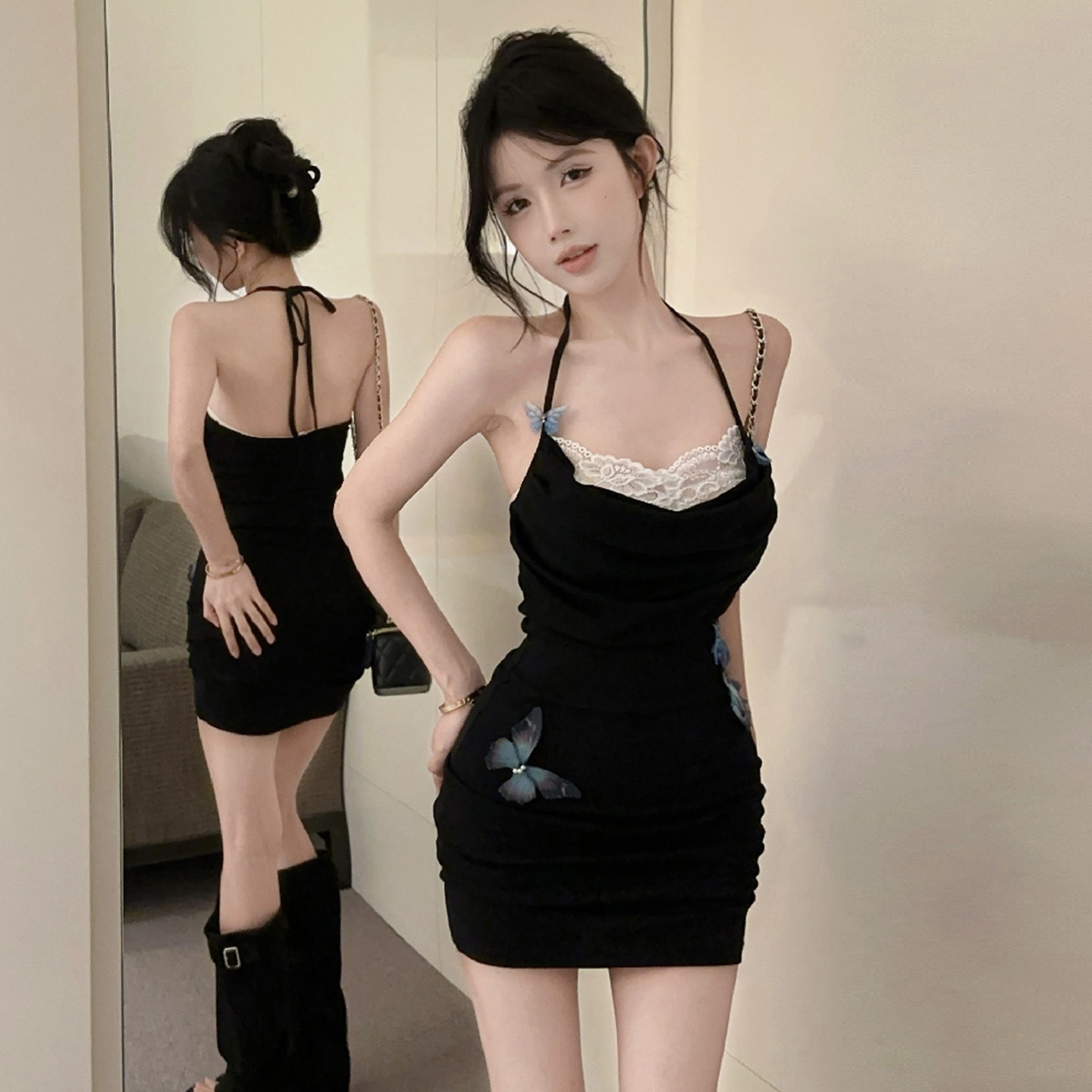 轻熟风蝴蝶挂脖包臀收腰连衣裙
