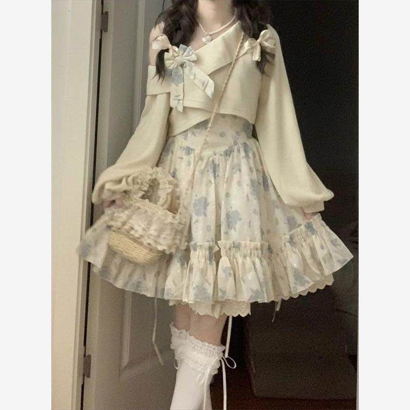 甜妹韩系减龄一整套穿搭短款卫衣女罩衫碎花吊带裙两件套装连衣裙