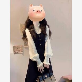 法式气质假两件修身显瘦黑色针织连衣裙女2025年秋冬季小香风长裙