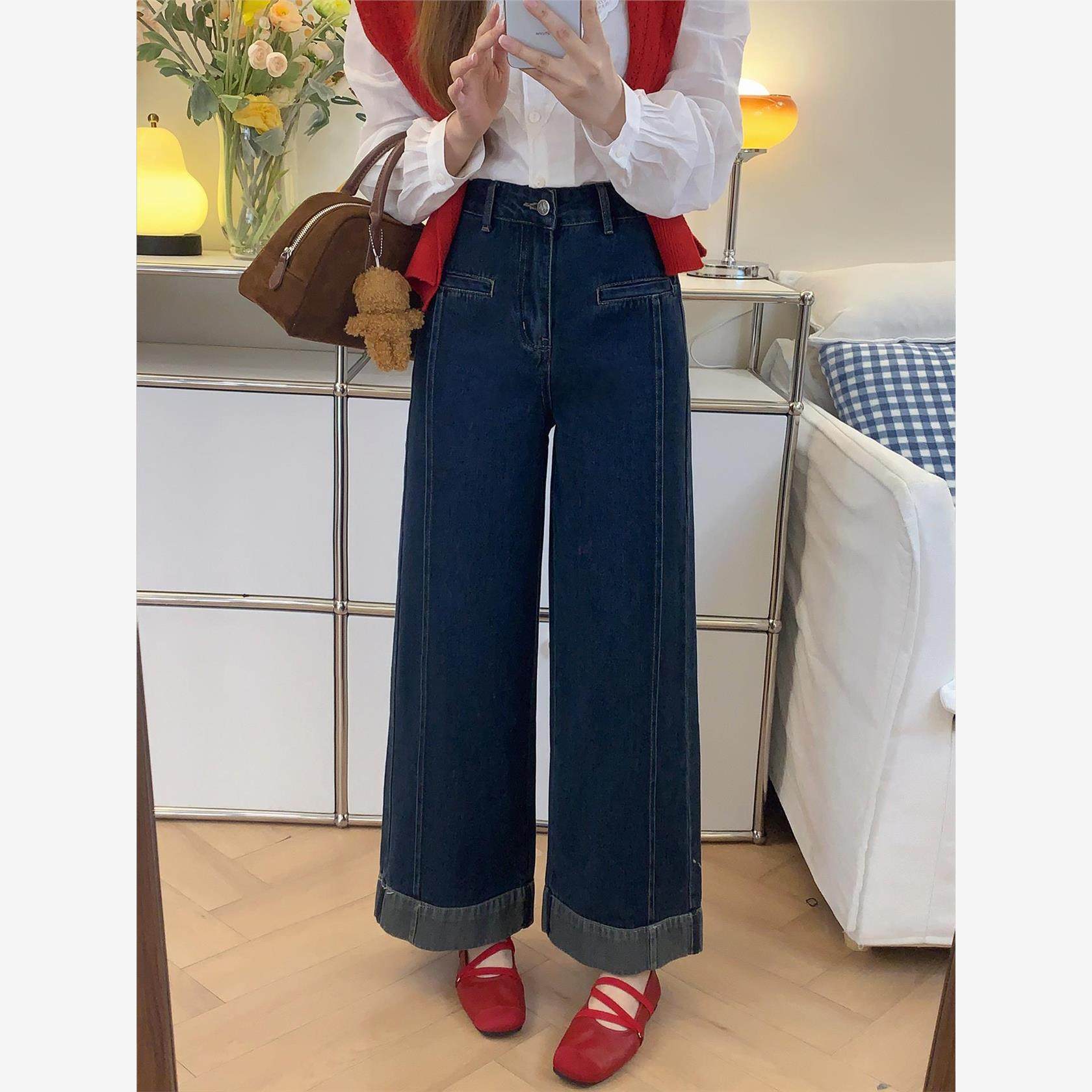 2025新款高腰休闲宽松直筒阔腿裤女秋季深蓝色时尚百搭微喇牛仔裤