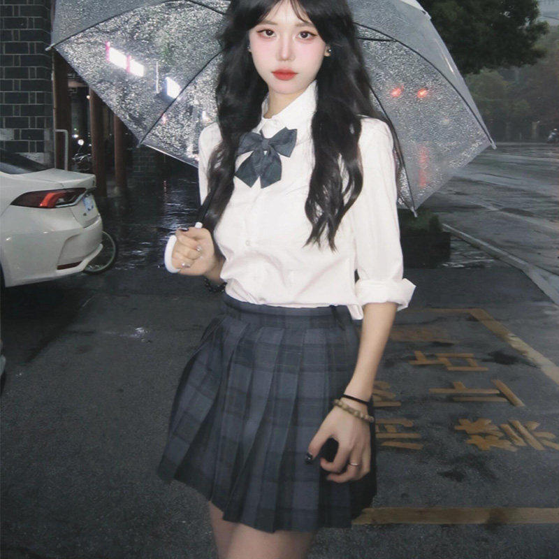 原创秋田立中jk制服正版狗短格裙夏季学院风收腰衬衫百褶短裙套装