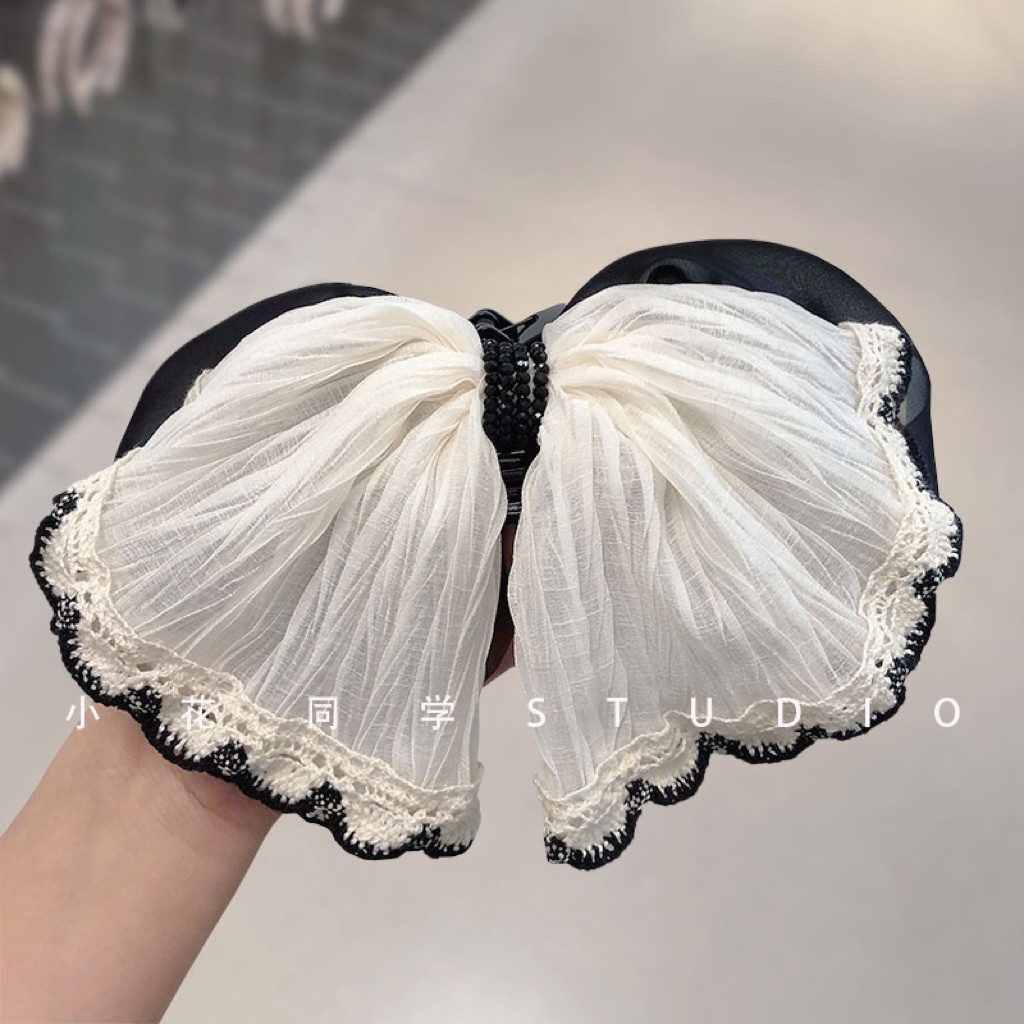 韩国发饰2025新款米白色黑色雪纺双层蕾丝蝴蝶结串珠马尾发抓夹,饰品/流行首饰/时尚饰品新,发饰,淘宝优惠券,粉丝福利购,淘宝优惠卷