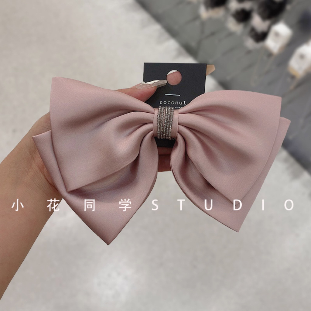 韩国发饰2024新款高级感精致缎面皮粉色水晶发夹弹簧夹顶夹头饰