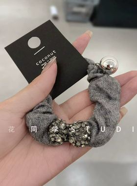 韩国发饰2024新款浅灰色毛线针织银色水钻蝴蝶结发圈发绳头绳头饰