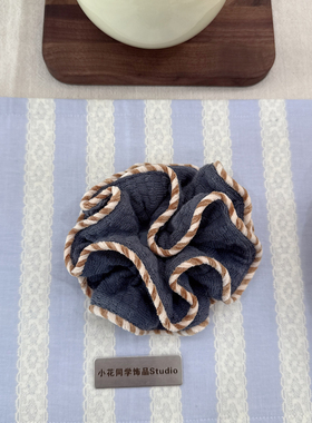 韩国发饰2025新款藏青色毛线针织橙色条纹边边发圈大肠圈发绳头绳