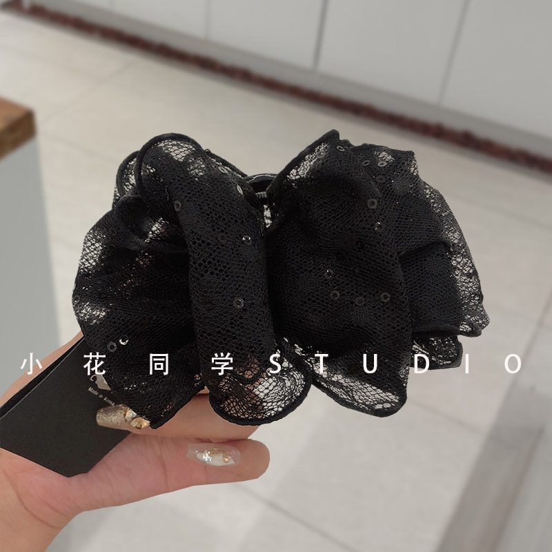 韩国发饰2024新款高级感精致黑色纯手工亮片网纱蝴蝶结发抓夹头饰