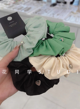 韩国发饰2024新款高级精致黑色米白色绿色爱心水钻纯棉发圈大肠圈