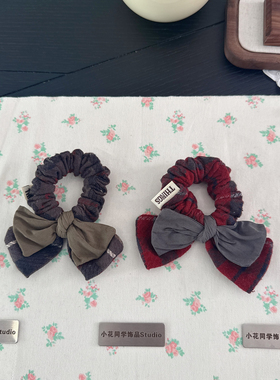 韩国发饰2025秋冬新款酒红色灰色绿色毛呢格子蝴蝶结发圈发绳头绳