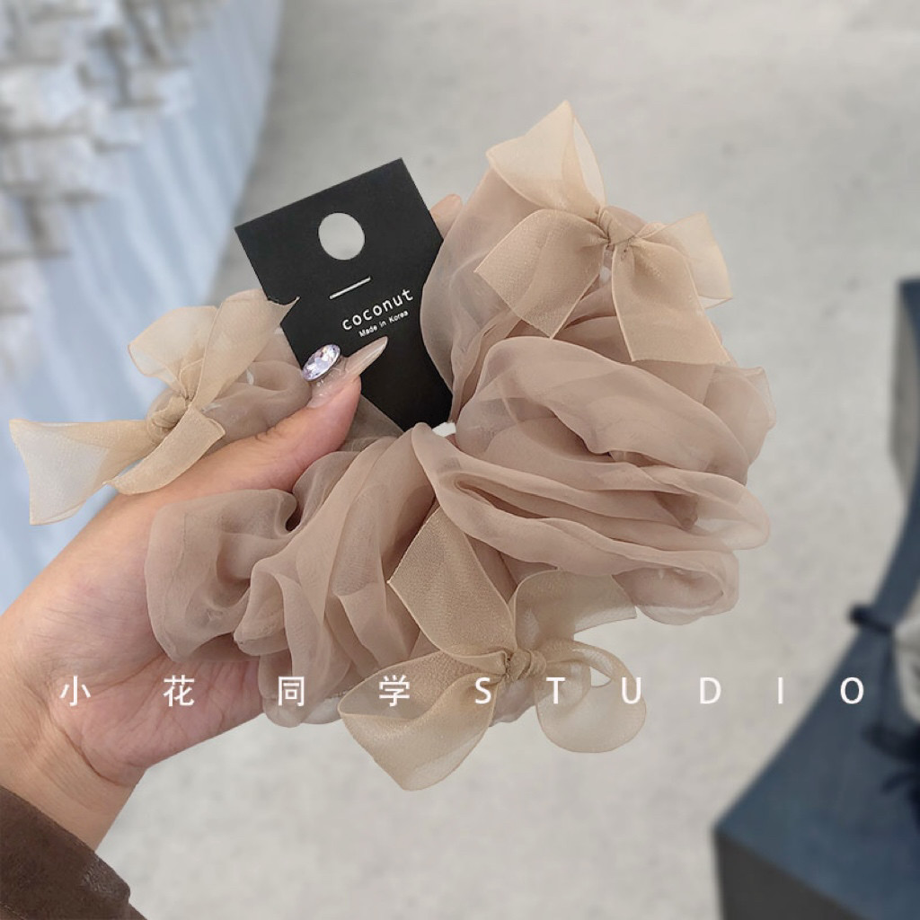 韩国发饰2025新款柔软细腻奶咖色米白黑色欧根纱蝴蝶结发圈大肠圈