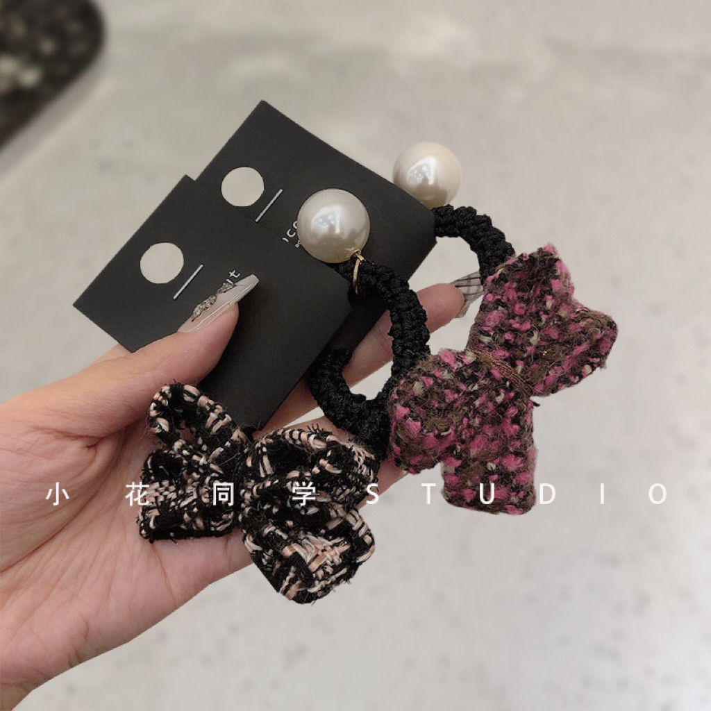 韩国饰品2024秋冬新款小香风编织毛线樱花粉蝴蝶结珍珠皮筋发圈