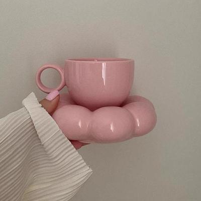 Pink Ceramic Coffee Cup Set, Breakfast Flower Cups INS Style