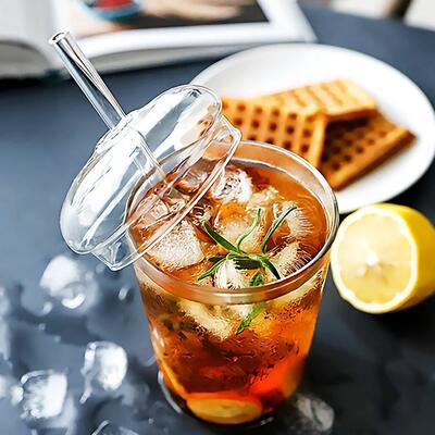 Transparent glass straw cup with lid coffee beverage cup
