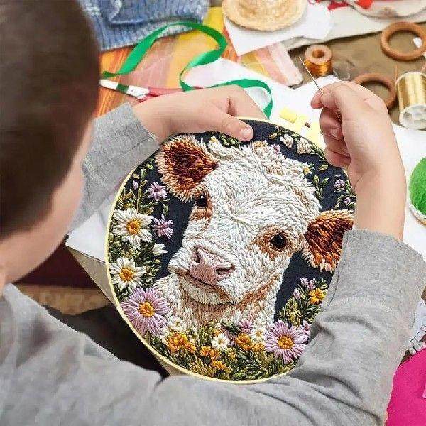 Embroidery Kit For Beginners Cute Cow Easy Stitches Kits
