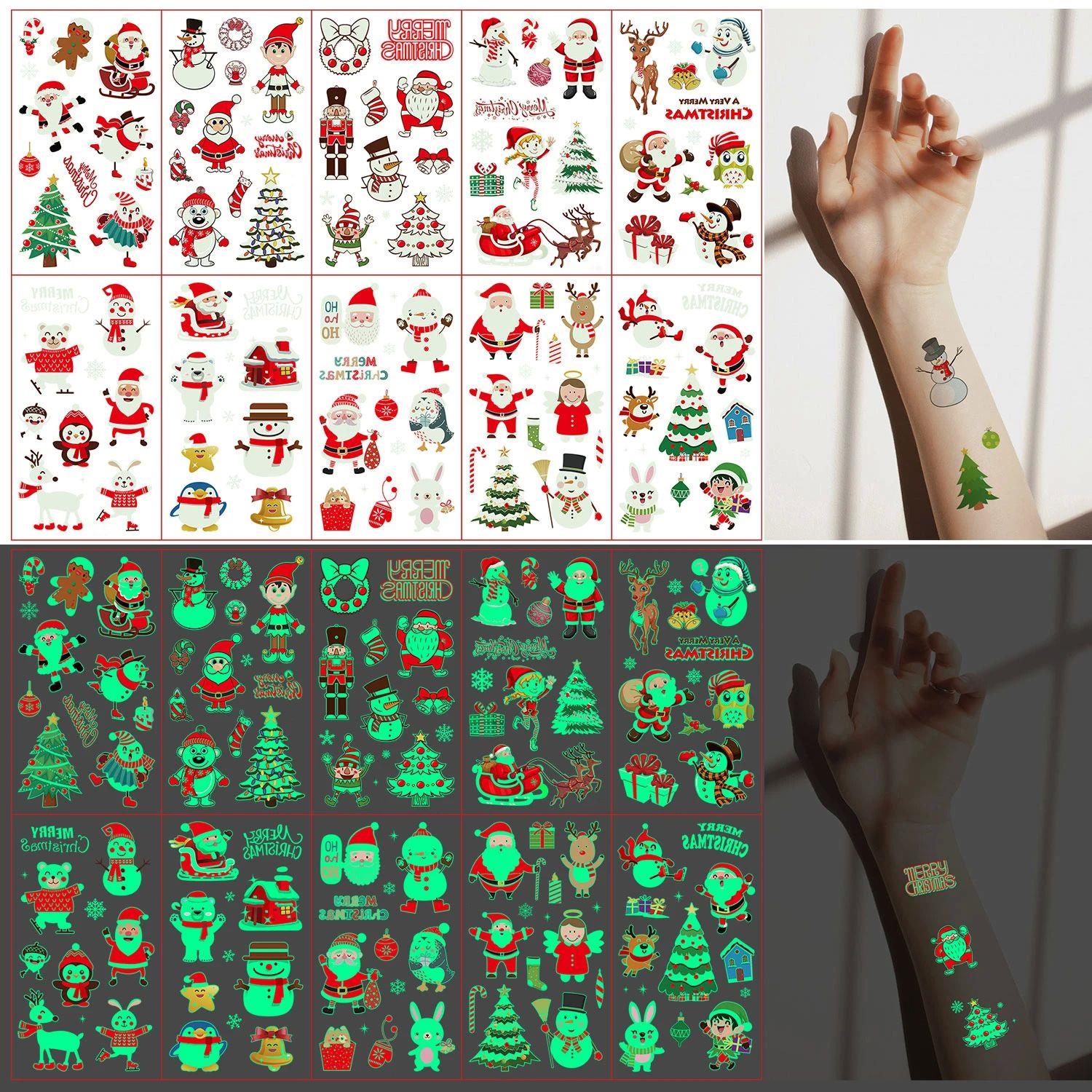 10 Sheets Christmas Luminous Tattoo Stickers,Cartoon Snowman