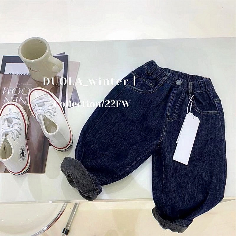男童加绒加厚牛仔女童宝宝一体绒休闲裤潮裤柔软2023新款韩国儿童