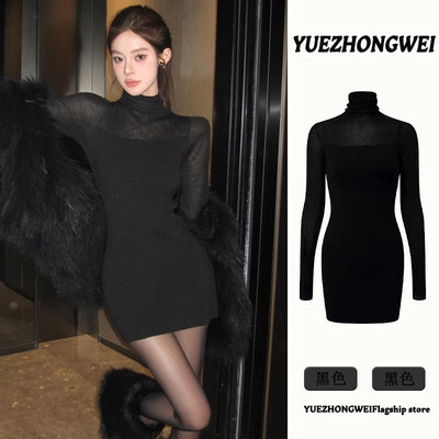 黑色高领打底针织连衣裙女秋冬季配大衣修身内搭毛衣裙辣妹短裙子