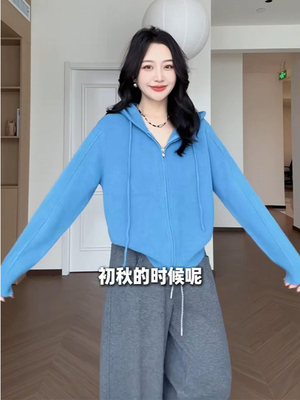 早秋韩系氛围感穿搭蓝色拉炼连帽毛衣开衫外套女秋冬季针织衫上衣