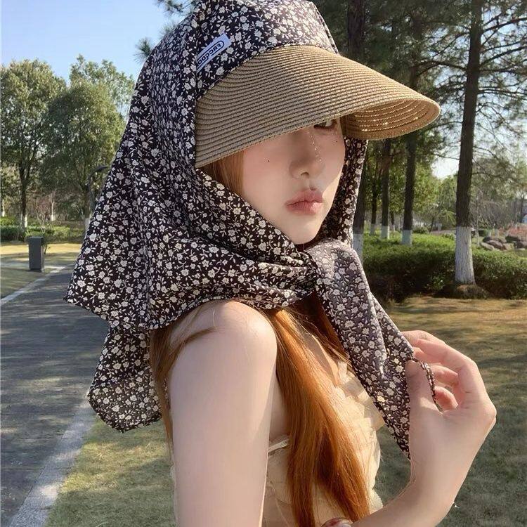 小碎花渔夫帽女夏季防晒遮脖子遮阳帽户外出游太阳帽三角巾草帽潮