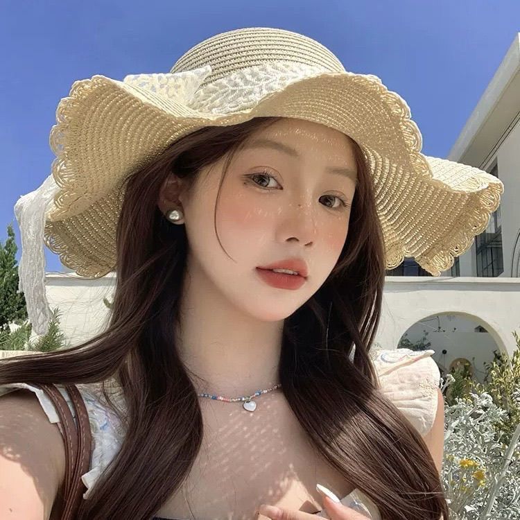 花边太阳帽遮阳帽帽檐草帽系带镂空海边度假蕾丝草编沙滩防晒帽子