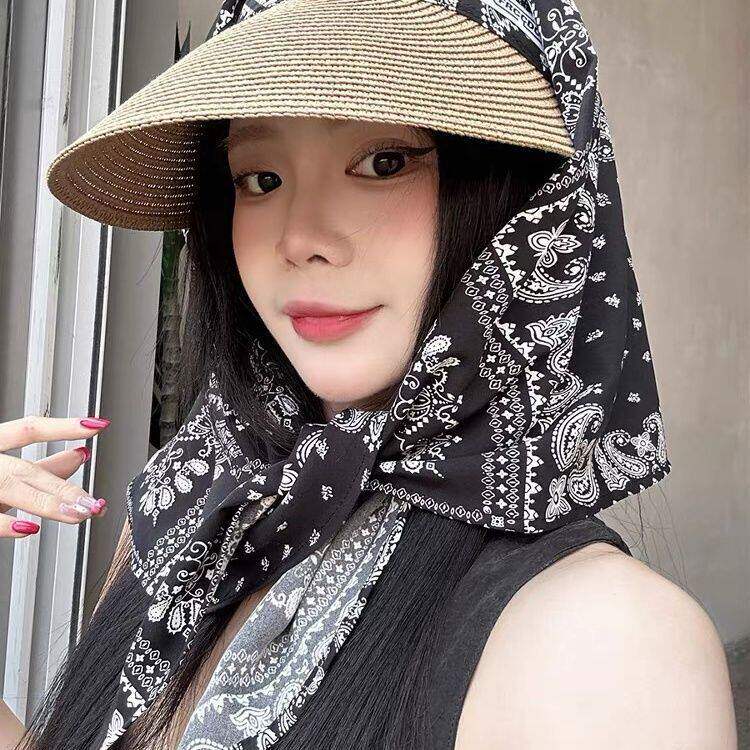夏季大檐草编防晒腰果花一体帽