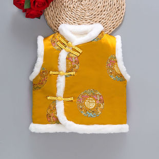 2025秋冬季新款男童女童新中式唐装国风时尚洋气提花丝绸马甲