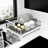 304不锈钢家用厨房碗碟沥水架窄边款 沥水篮碗筷盘一体收纳置物架