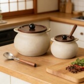 猪油罐家用陶瓷耐高温食品级日式 粗陶双耳罐大容量固体调味罐带盖