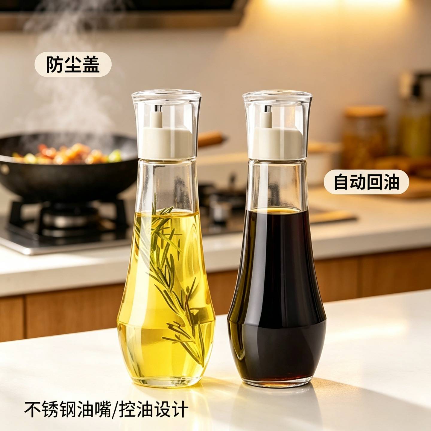 防尘透明带盖304不锈钢油嘴玻璃调味瓶餐桌酱油醋香油瓶厨房油壶