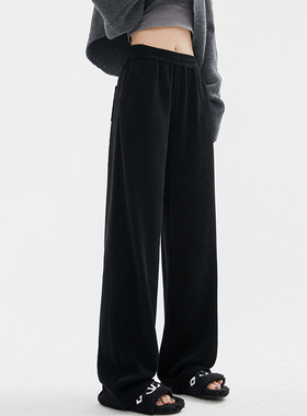黑色阔腿裤女秋冬加绒高腰垂感雪尼尔宽松直筒休闲拖地灯芯绒裤子