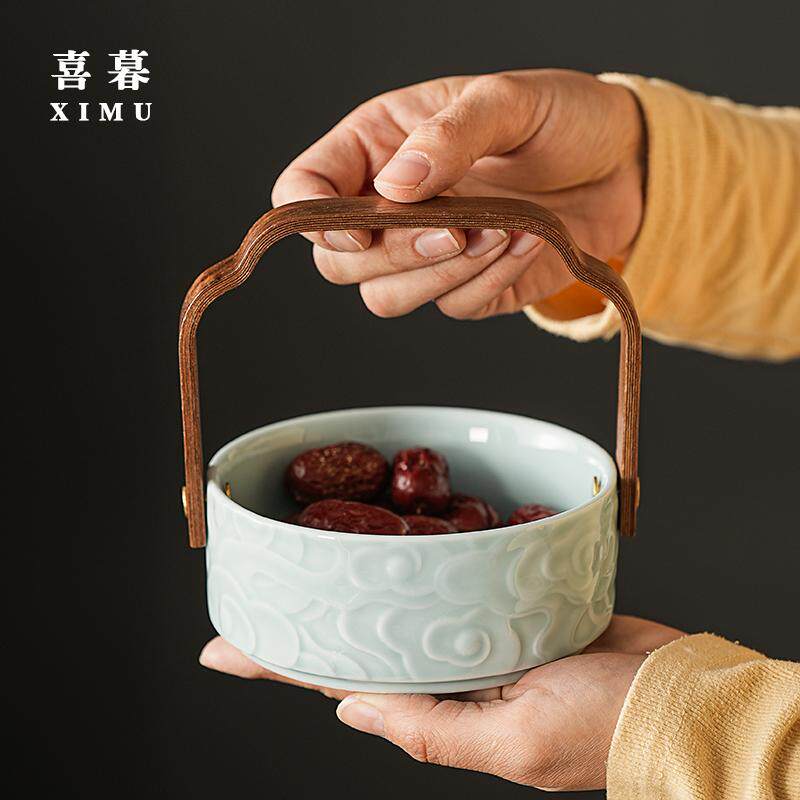 陶瓷手提水果篮家用中式复古茶点盘精致点心盘零食盘干坚果盘高端
