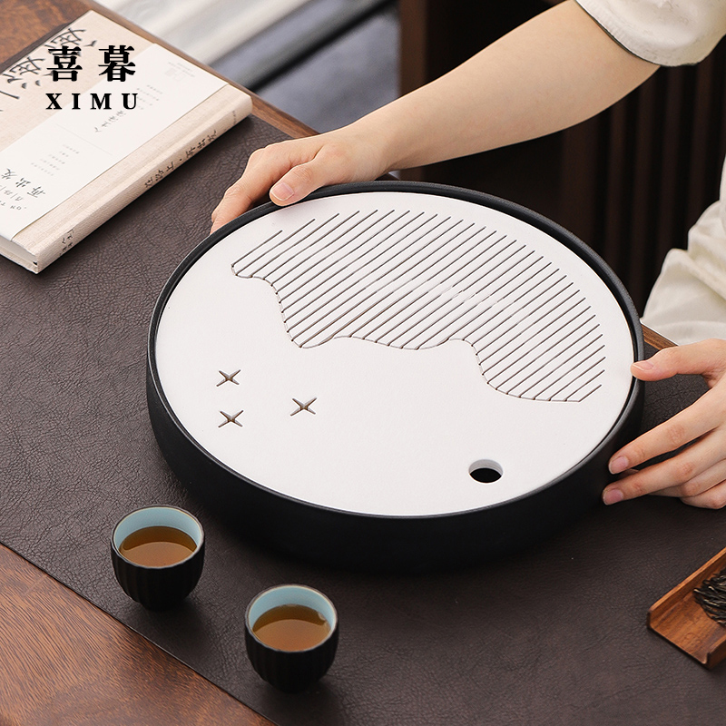 圆形全陶瓷茶盘中式家用蓄水功夫茶具托盘小型茶海茶台沥水干泡盘