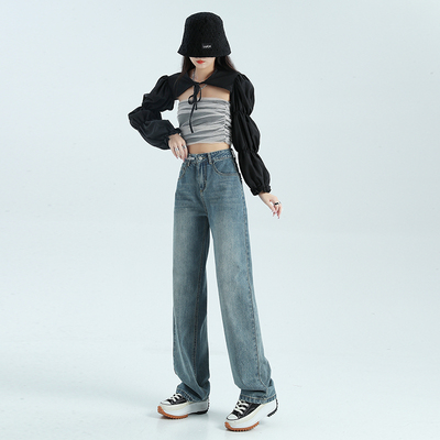 牛仔裤高腰PVJ窄版拖地裤子