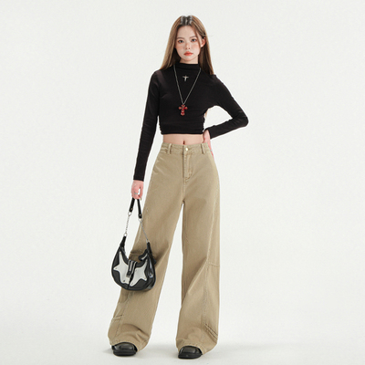 卡其色百搭直筒宽松显瘦阔腿裤