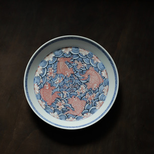 忘言青花釉里红手绘茶盘景德镇陶瓷壶承复古手工茶具中式青花瓷