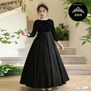 女童黑色亮片长袖礼服主持人钢琴演奏表演服缎面大摆裙合唱演出服