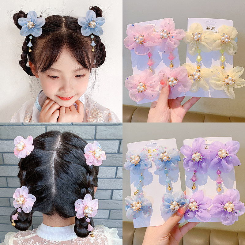 儿童头花女童宝宝花朵发夹流苏发饰汉服头饰小女孩古风铃铛编发卡