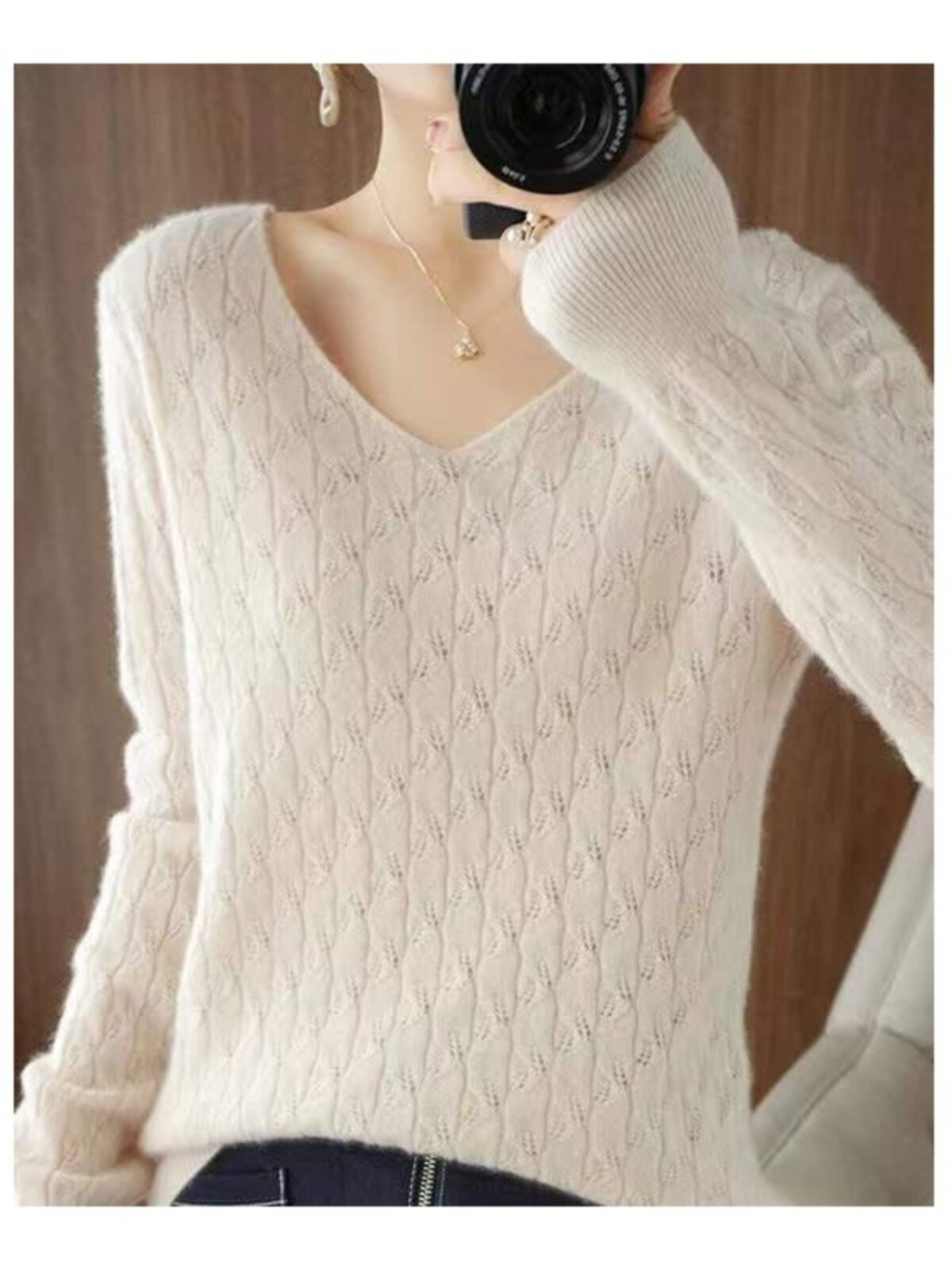 FOREIGN LOOSE V-NECK KNITTED SWEATER WOMENS THIN SPRING AND AUTUMN TEMPERAMENT HOLLOW LONG-SLEEVED UNDERSHIRT FASHIONABLE OUTER TOP