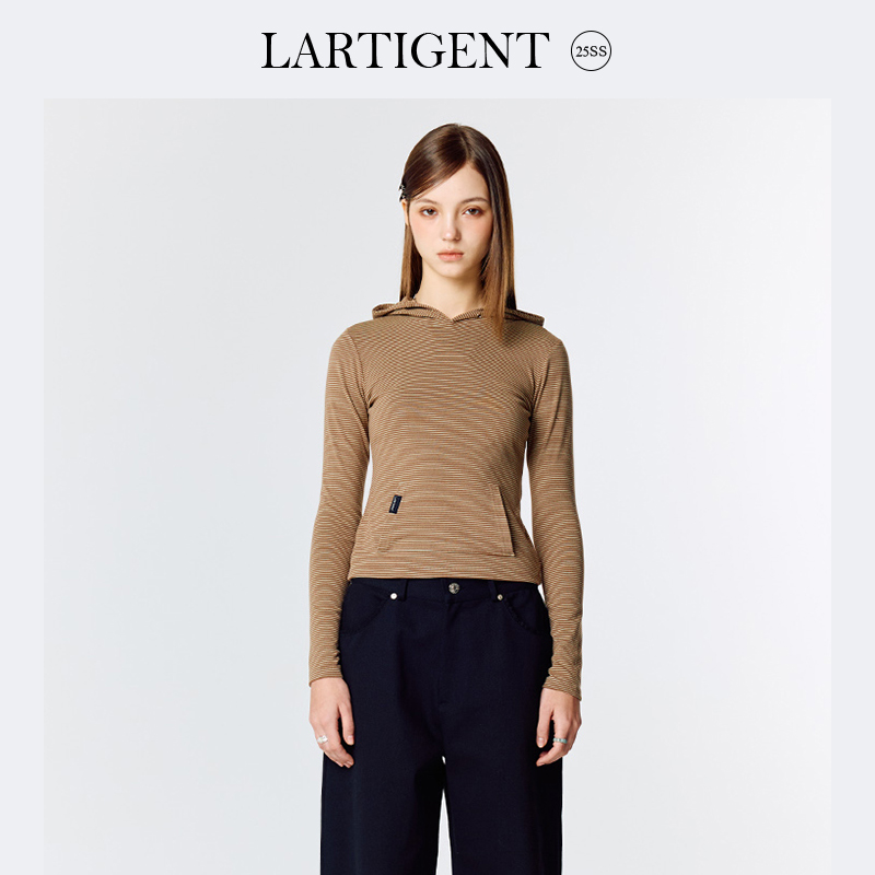 LARTIGENT 25春新款修身连帽衫长袖T恤女波点有口袋显瘦上衣