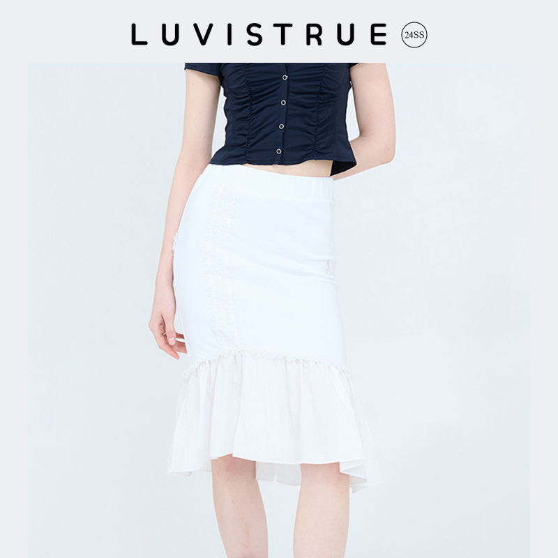 LUV IS TRUE 24夏新款撞色拼接蕾丝边鱼尾裙女荷叶边裙摆半身裙