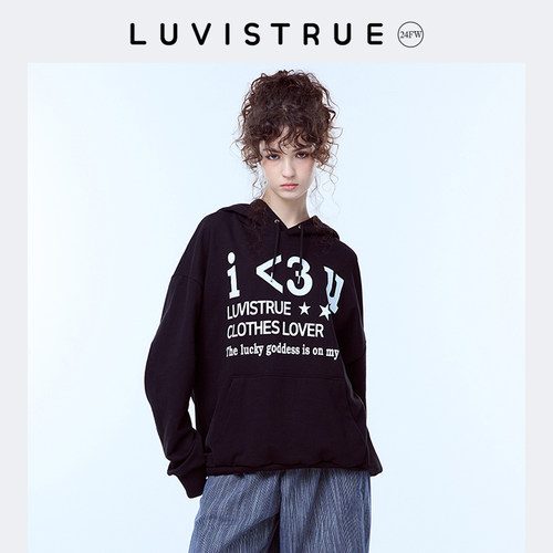 LUVISTRUE字母印花纯棉套头连帽衫女24秋冬款oversize学院风卫衣