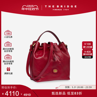 手工牛皮红色水桶包女真皮复古高级通勤斜挎包 桥牌 Bridge The