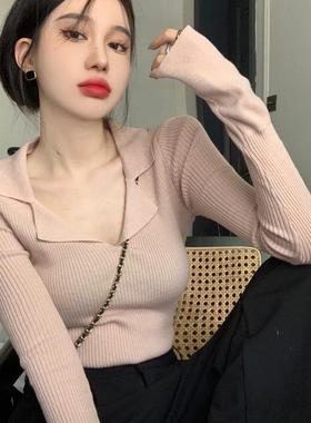 针织衫女装早秋2025新款长袖打底衫辣妹v领性感显瘦短款学生上衣