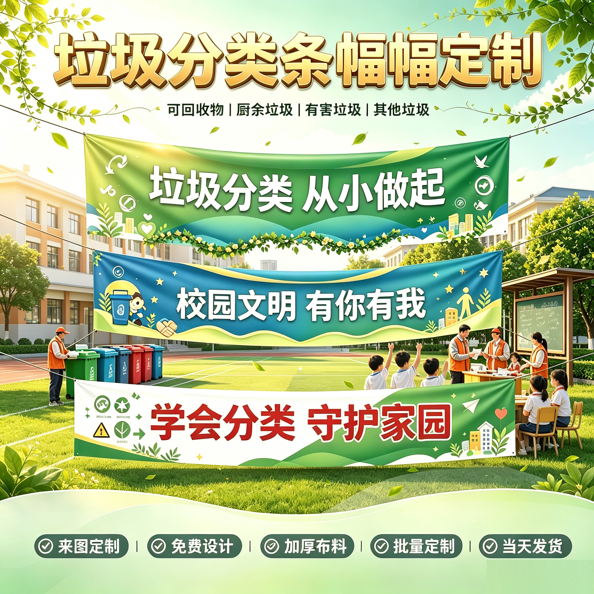 垃圾分类宣传横幅定制绿色环保公益横幅校园环保文明教育横幅